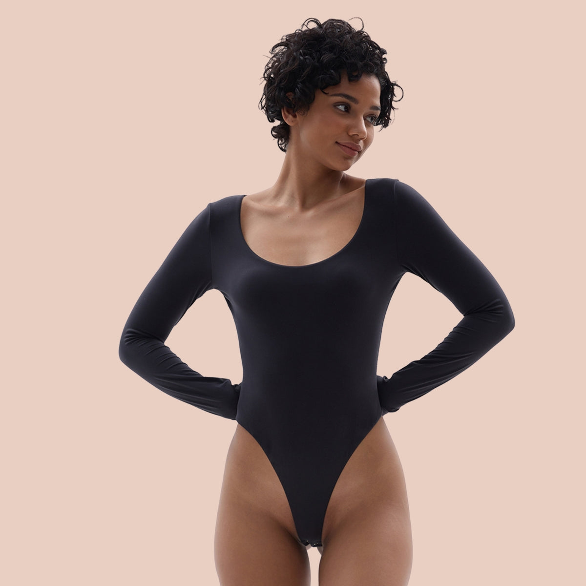 SHAPERX Long Sleeve Bodysuit Tops Scoop Neck Thong Body suits SHAPERX