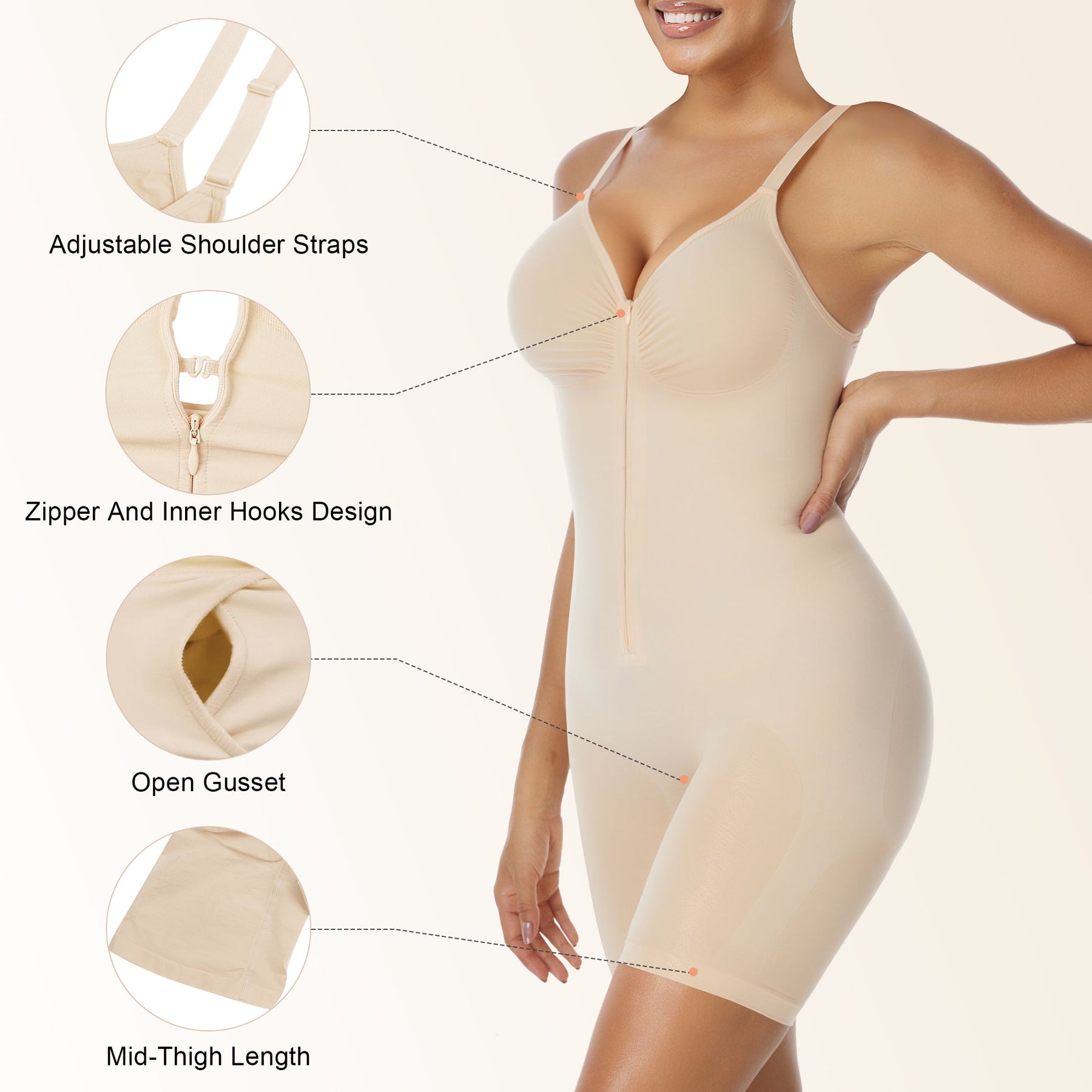 SHAPERX Women's Zip-Up Shapewear Bodysuit Tummy Control Seamless Sculpting Body Shaper Medium Compression SHAPERX
