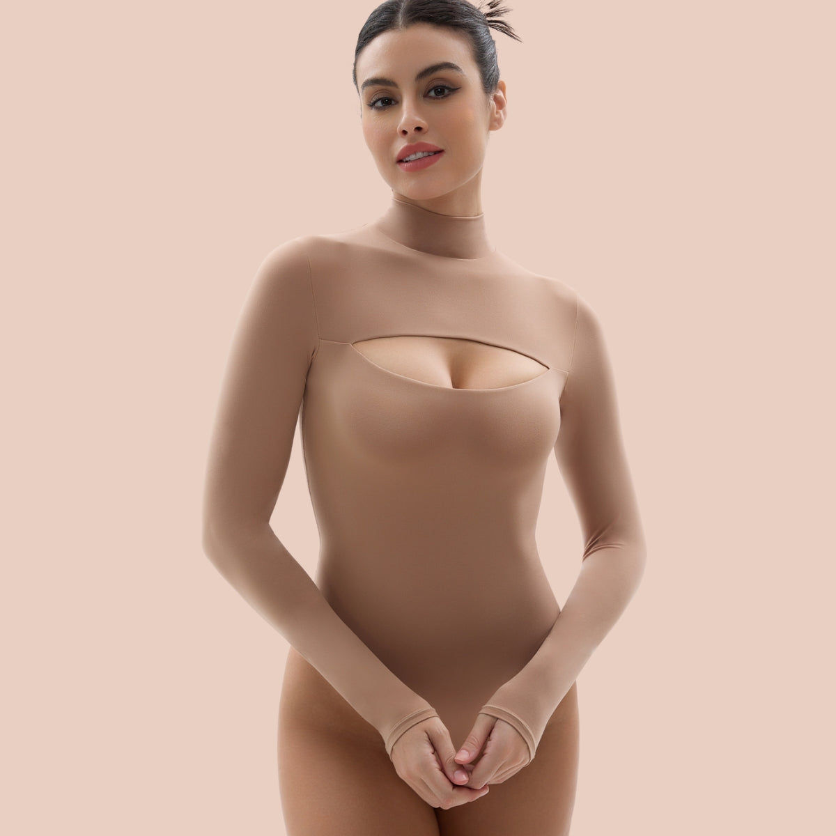 SHAPERX Mock Neck Long Sleeve Bodysuit Fit Everybody Cutout Front Thong Body Suits SHAPERX
