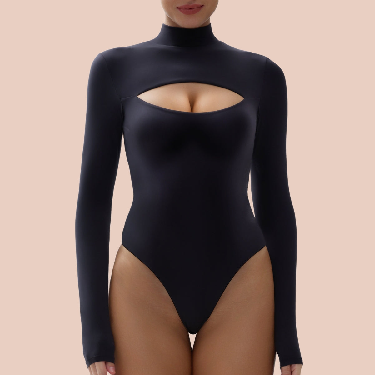 SHAPERX  Mock Neck Long Sleeve Bodysuit Fit Everybody Cutout Front  Thong Body Suits SHAPERX