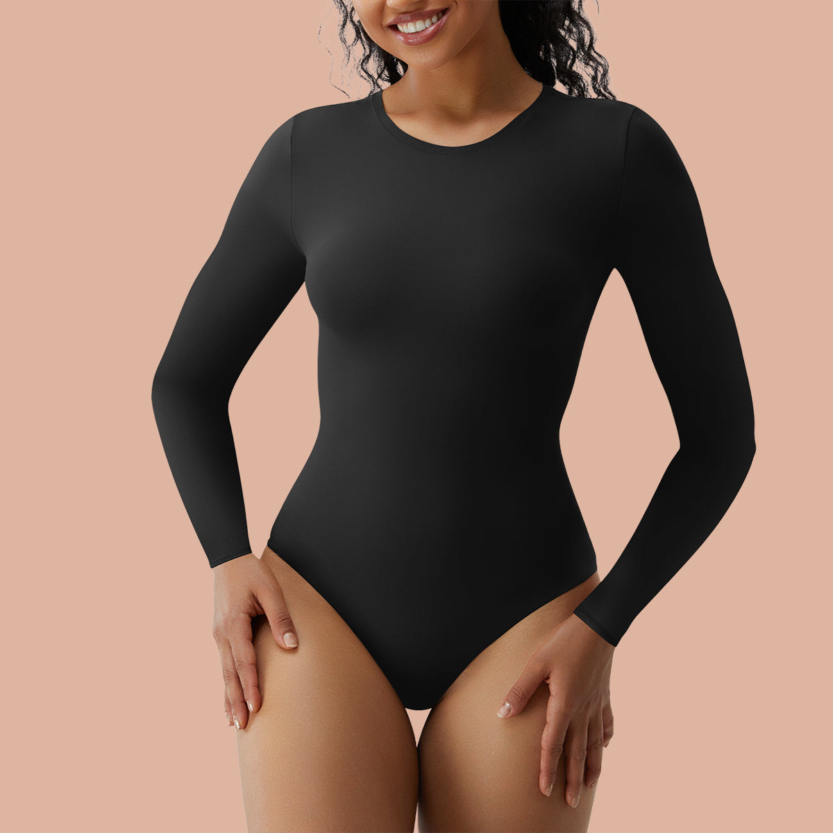 SHAPERX Women's Long Sleeve Bodysuit Fits Everybody Soft V Neck Basic Tops  with Thong