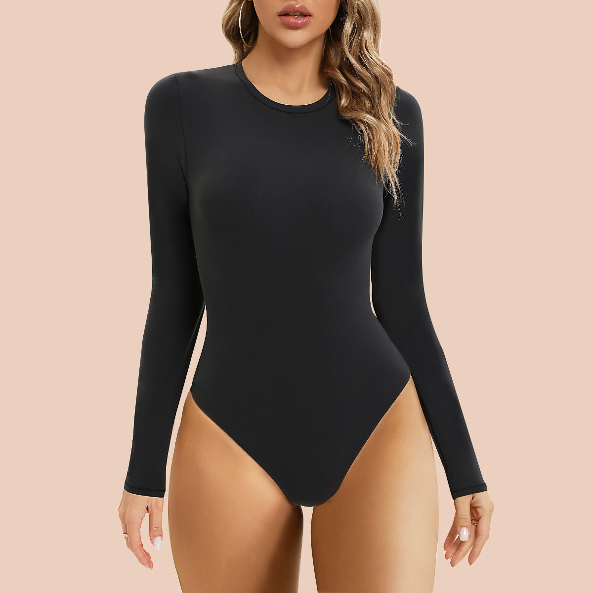 TOB Women's 2 Piece Bodysuits Sexy Ribbed One Piece Long Sleeve Round Neck  Tops Bodysuits 