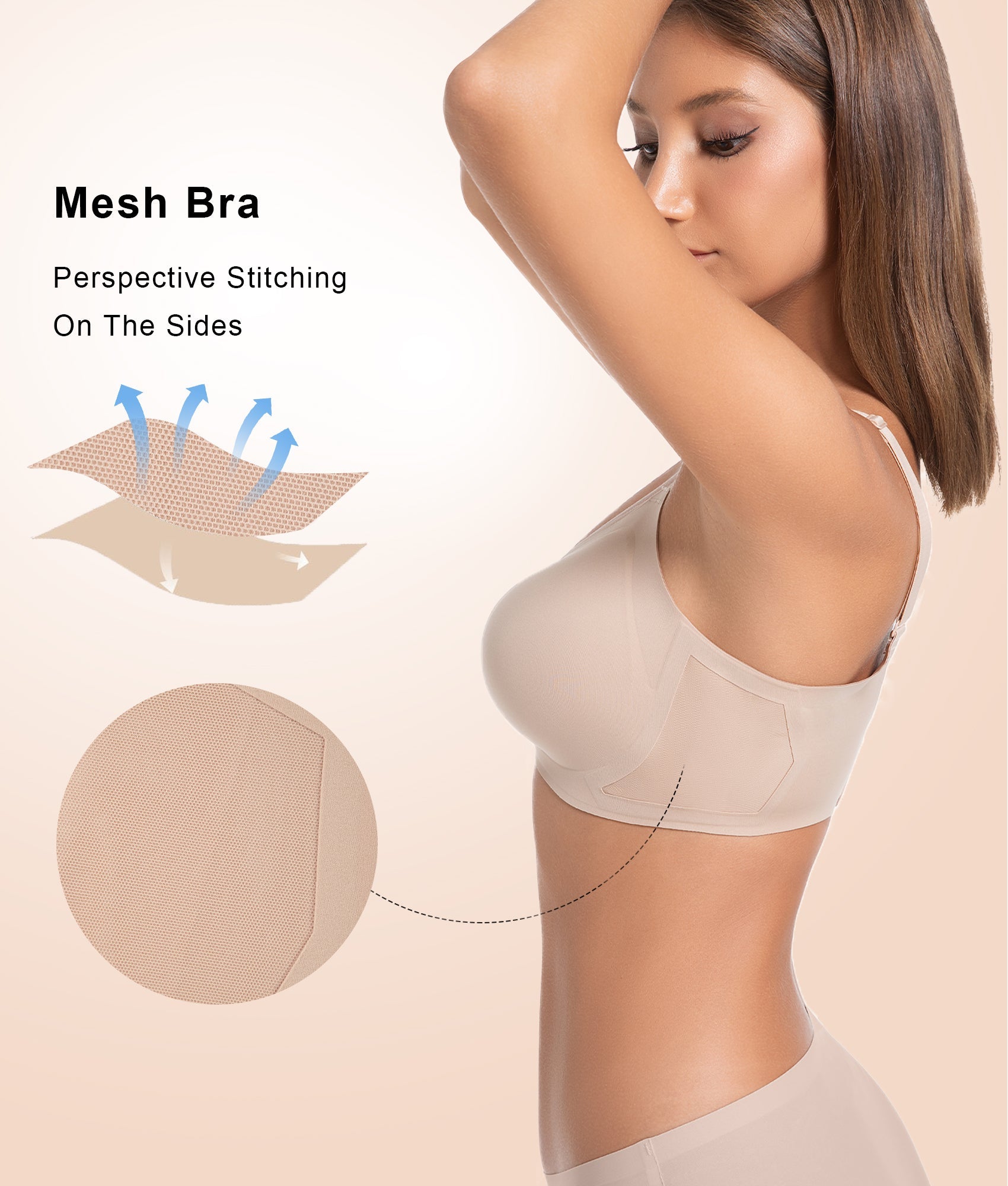 SHAPERX Wireless Bras for Women Seamless Push Up V Mesh Bralette No Underwire Full Coverage T-Shirt Bra with Removable Pads SHAPERX