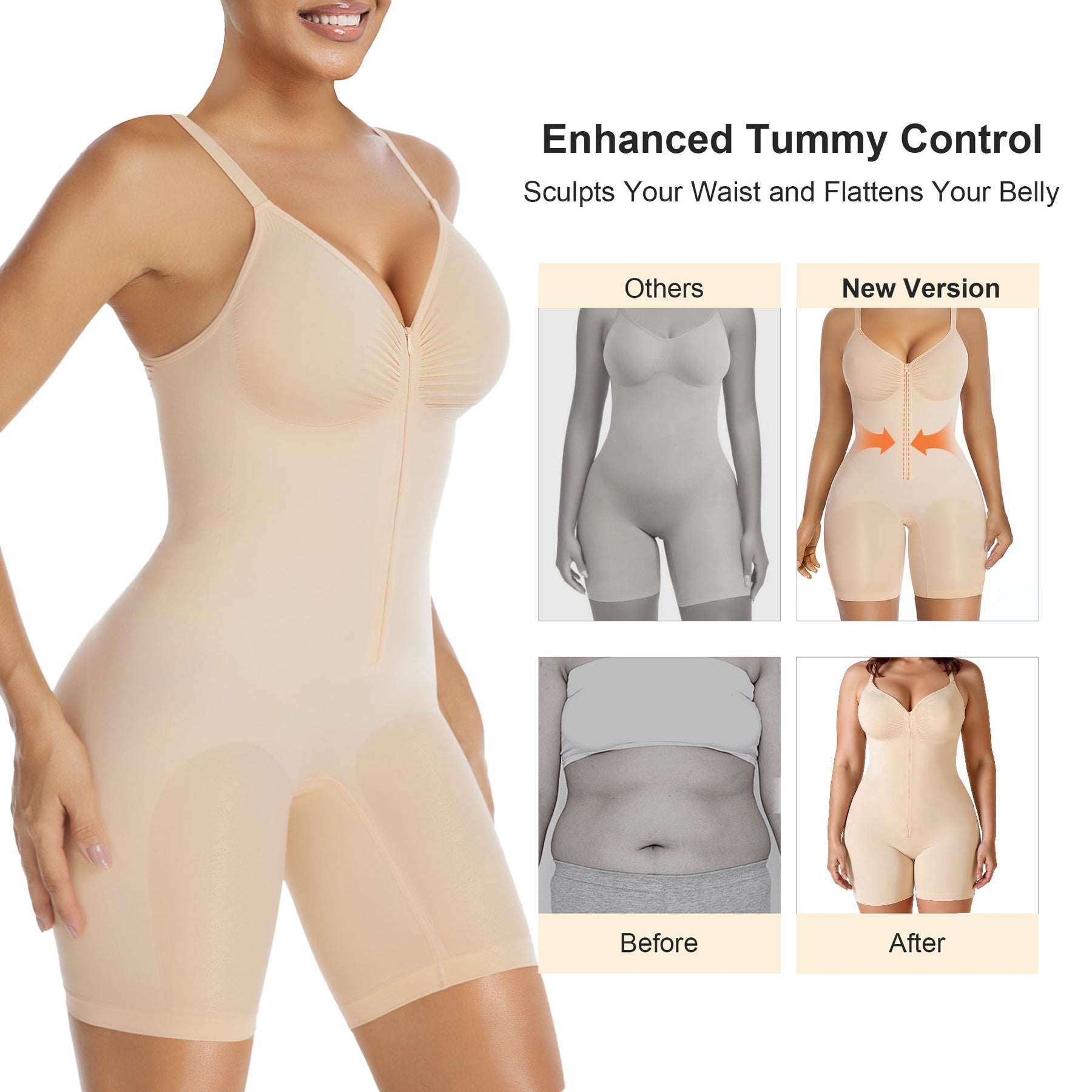 SHAPERX Women's Zip-Up Shapewear Bodysuit Tummy Control Seamless Sculpting Body Shaper Medium Compression SHAPERX