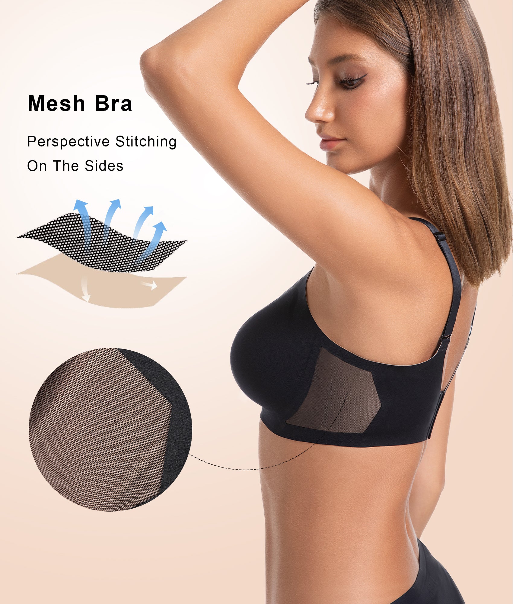 SHAPERX Wireless Bras for Women Seamless Push Up V Mesh Bralette No Underwire Full Coverage T-Shirt Bra with Removable Pads