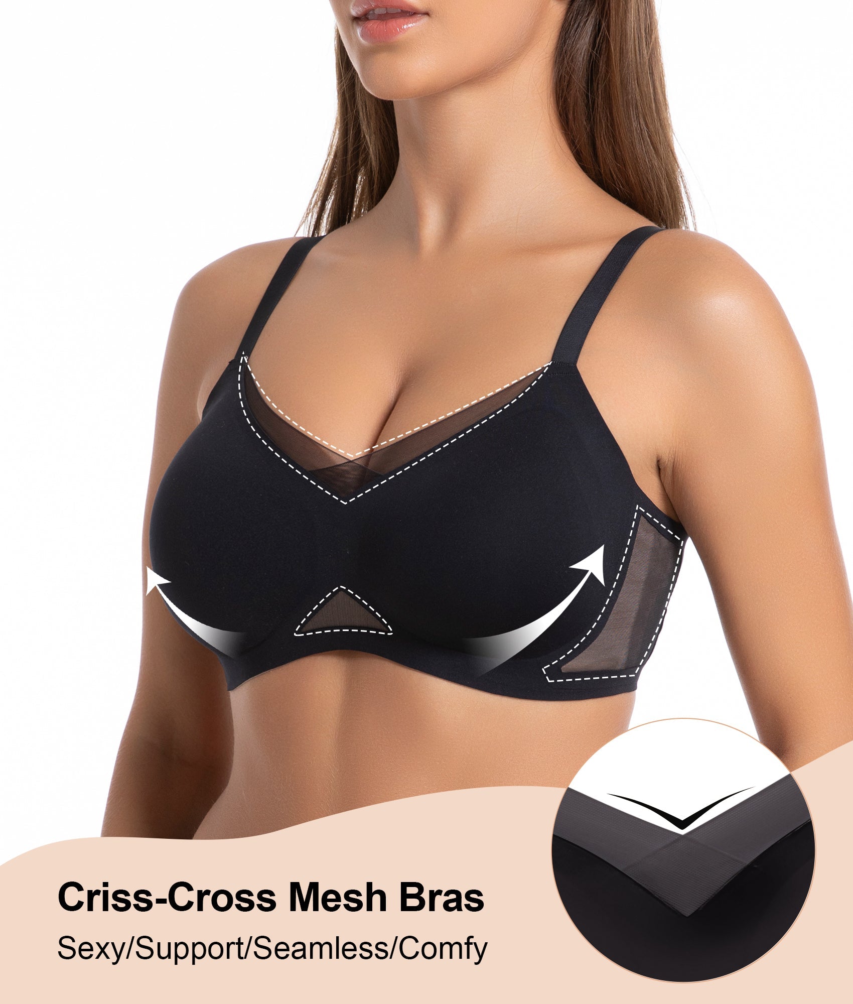 SHAPERX Wireless Bras for Women Seamless Push Up V Mesh Bralette No Underwire Full Coverage T-Shirt Bra with Removable Pads SHAPERX