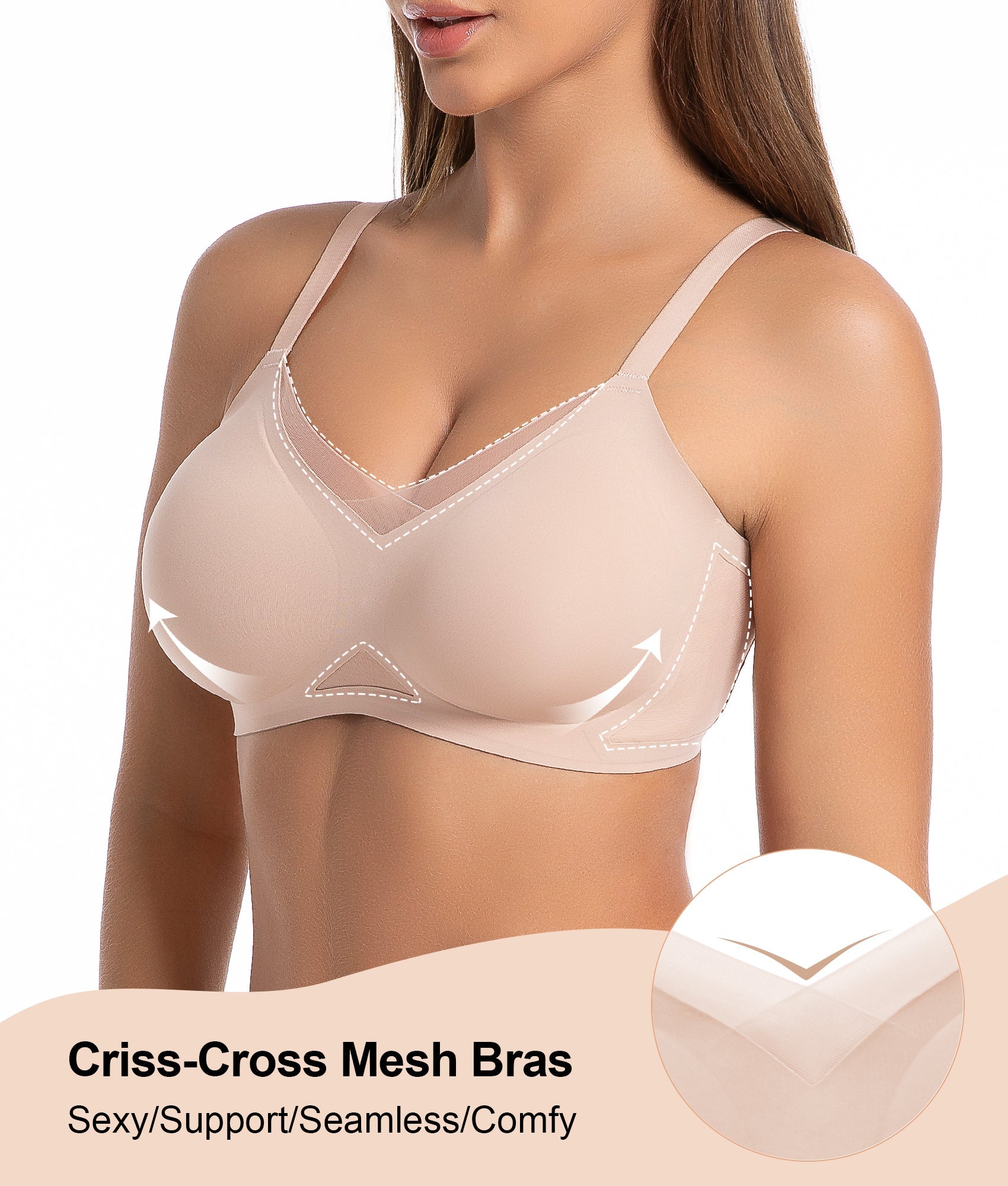SHAPERX Wireless Bras for Women Seamless Push Up V Mesh Bralette No Underwire Full Coverage T-Shirt Bra with Removable Pads SHAPERX