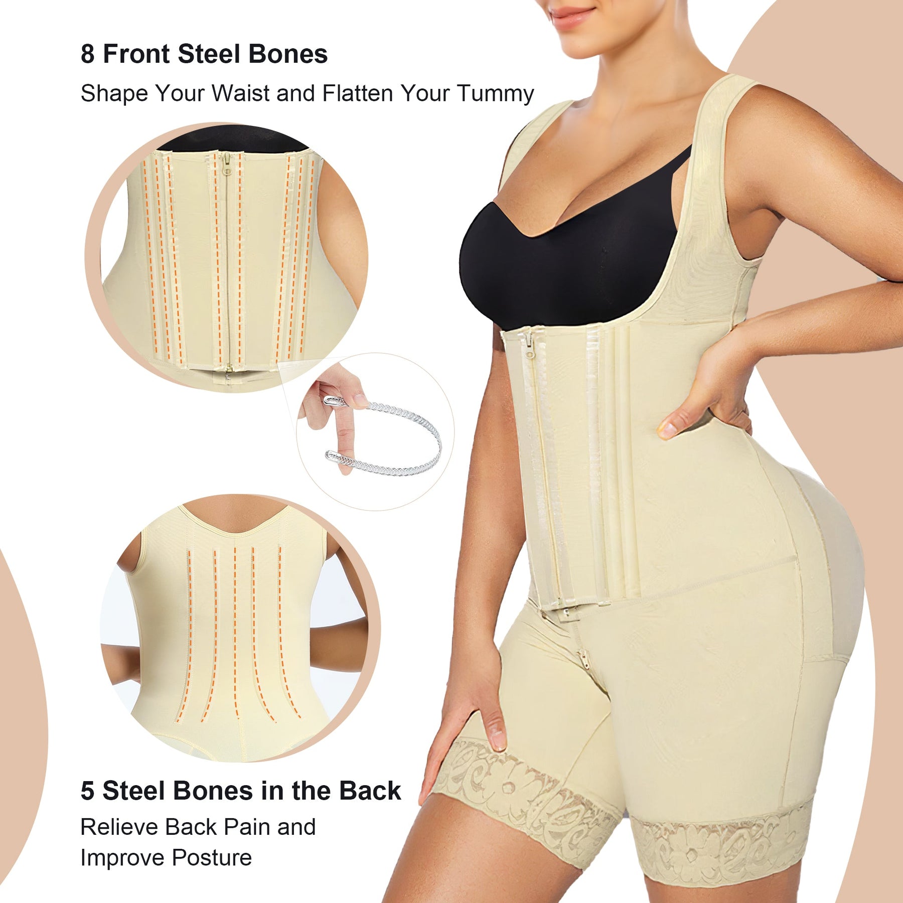 SHAPERX Fajas Colombianas Shapewear for Women Tummy Control Body Shaper Postpartum Butt Lifter with Zipper and Hooks SHAPERX