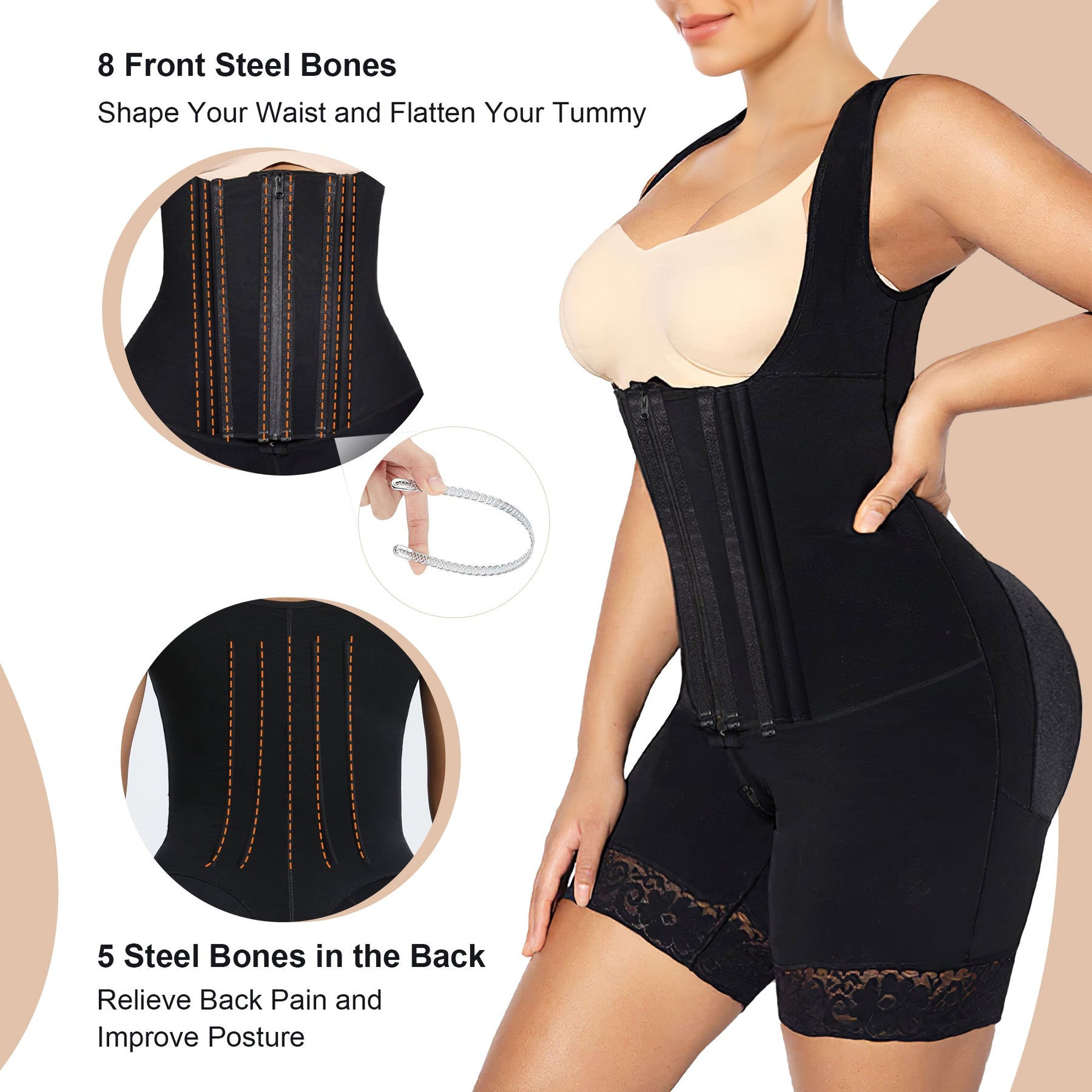 SHAPERX Fajas Colombianas Shapewear for Women Tummy Control Body Shaper Postpartum Butt Lifter with Zipper and Hooks SHAPERX