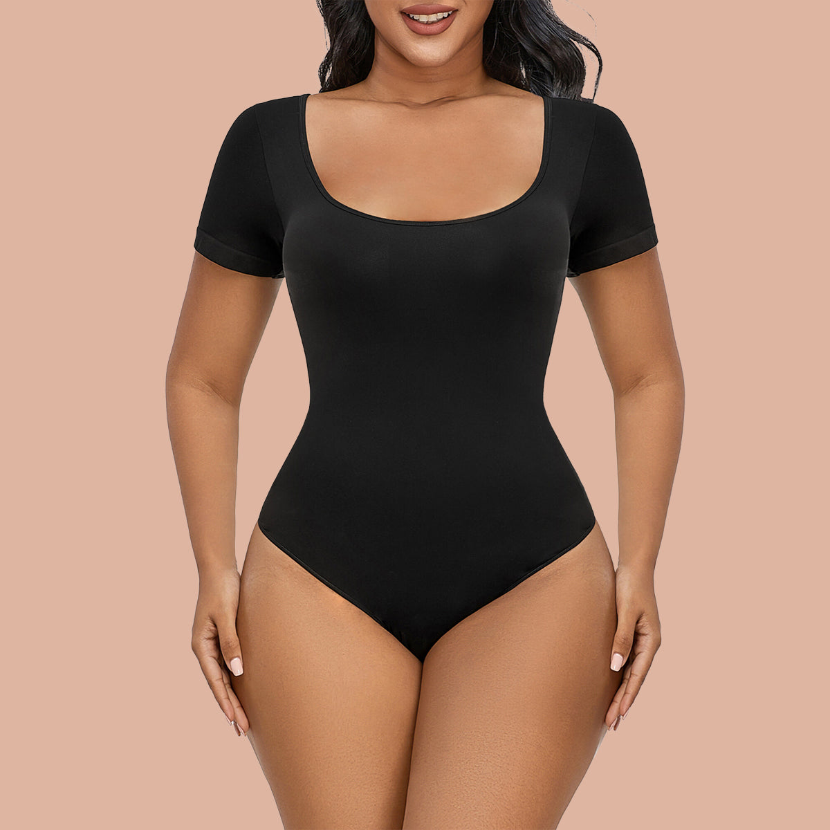 PIKADINGNIS Women's Square Neck Thong Shapewear Notch Short Sleeve Slimming  Bodysuit Tops for Women Going Out/Tummy Control 