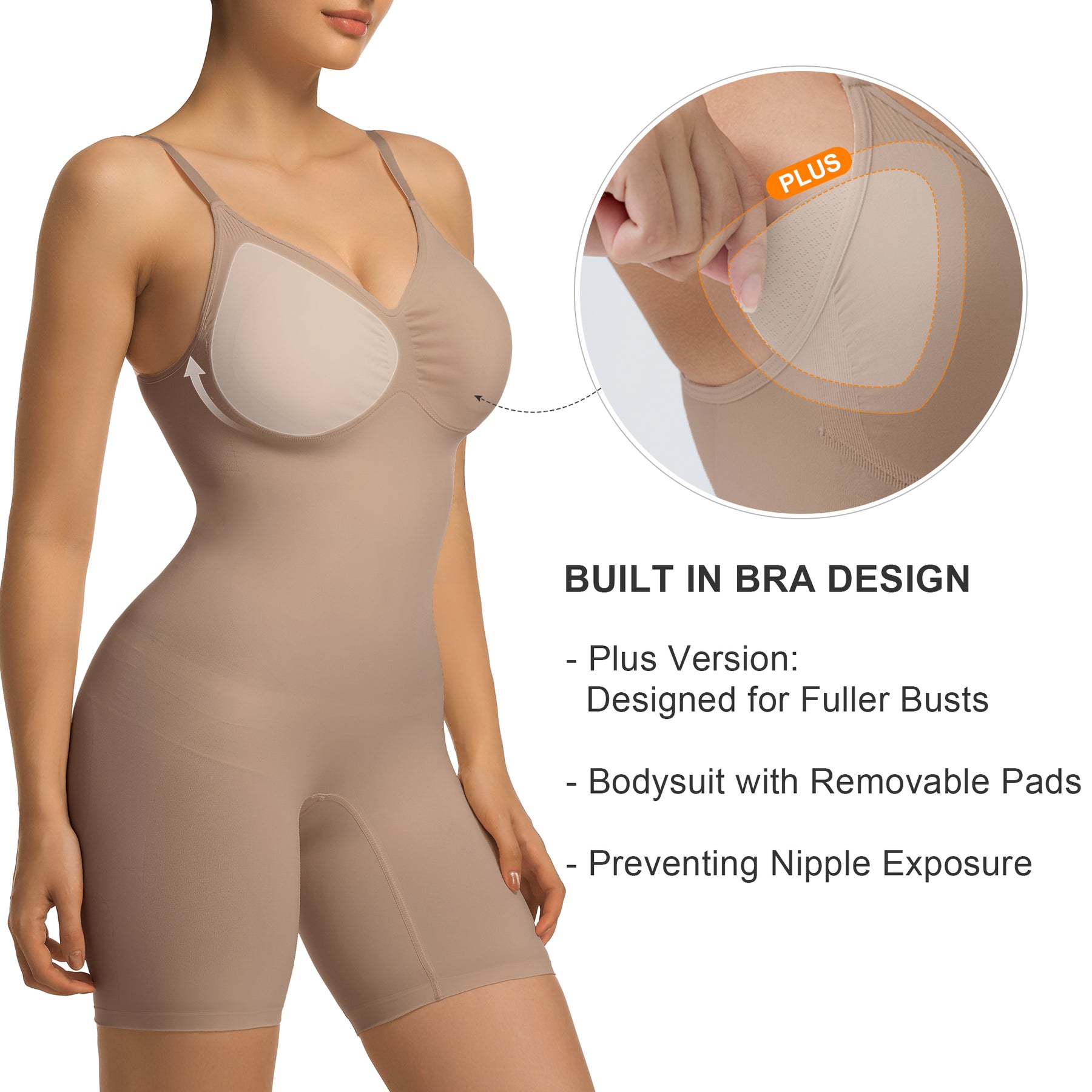 SHAPERX Bra Free Tummy Control Shapewear Mid Thigh Body Shaper with Removable Pads