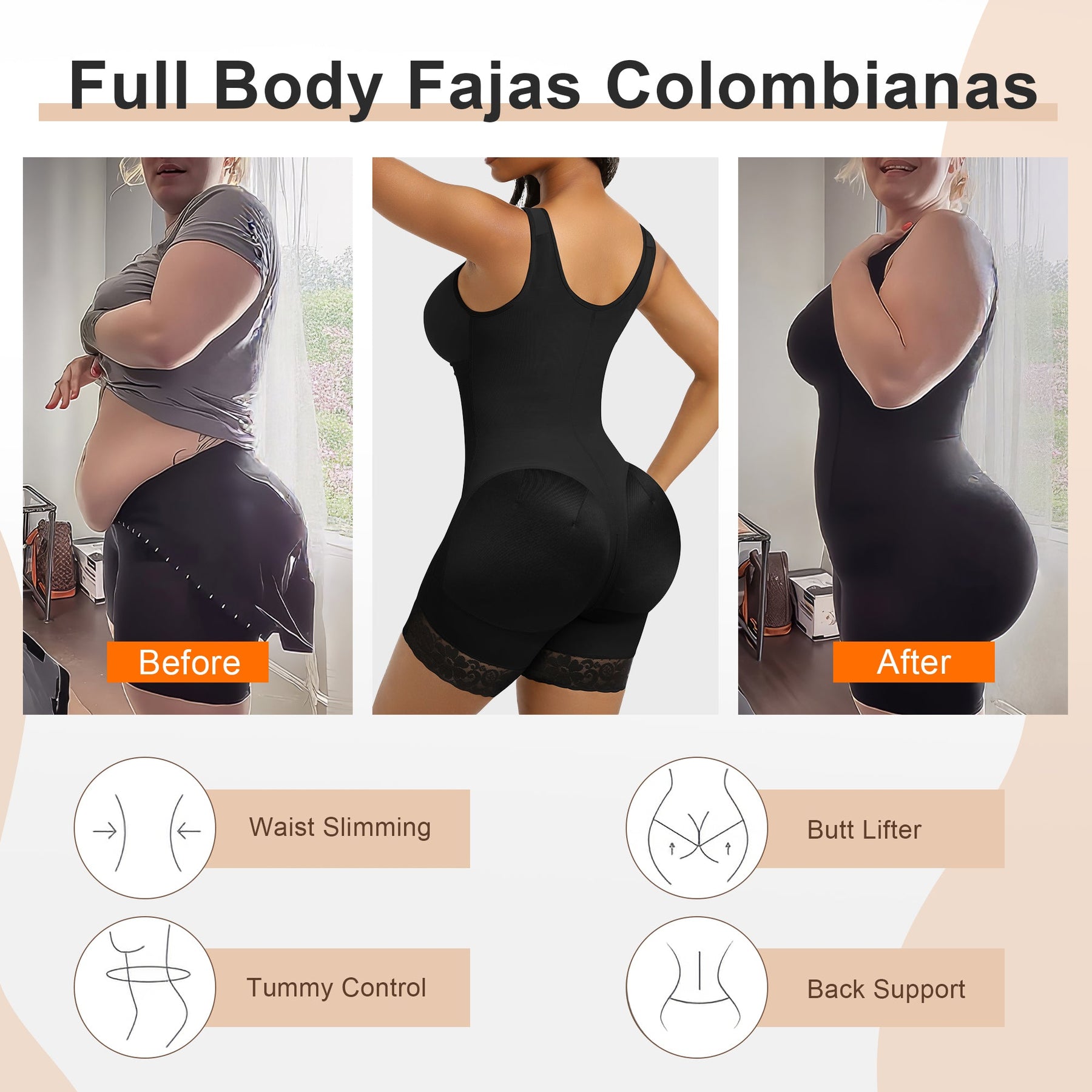 SHAPERX Women's Fajas Colombianas Tummy Control Shapewear Postpartum Full Body Shaper Butt Lifter Bodysuit SHAPERX