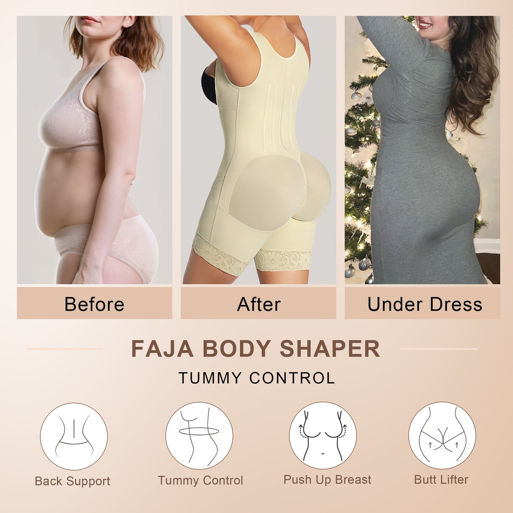 SHAPERX Fajas Colombianas Shapewear for Women Tummy Control Body Shaper Postpartum Butt Lifter with Zipper and Hooks SHAPERX