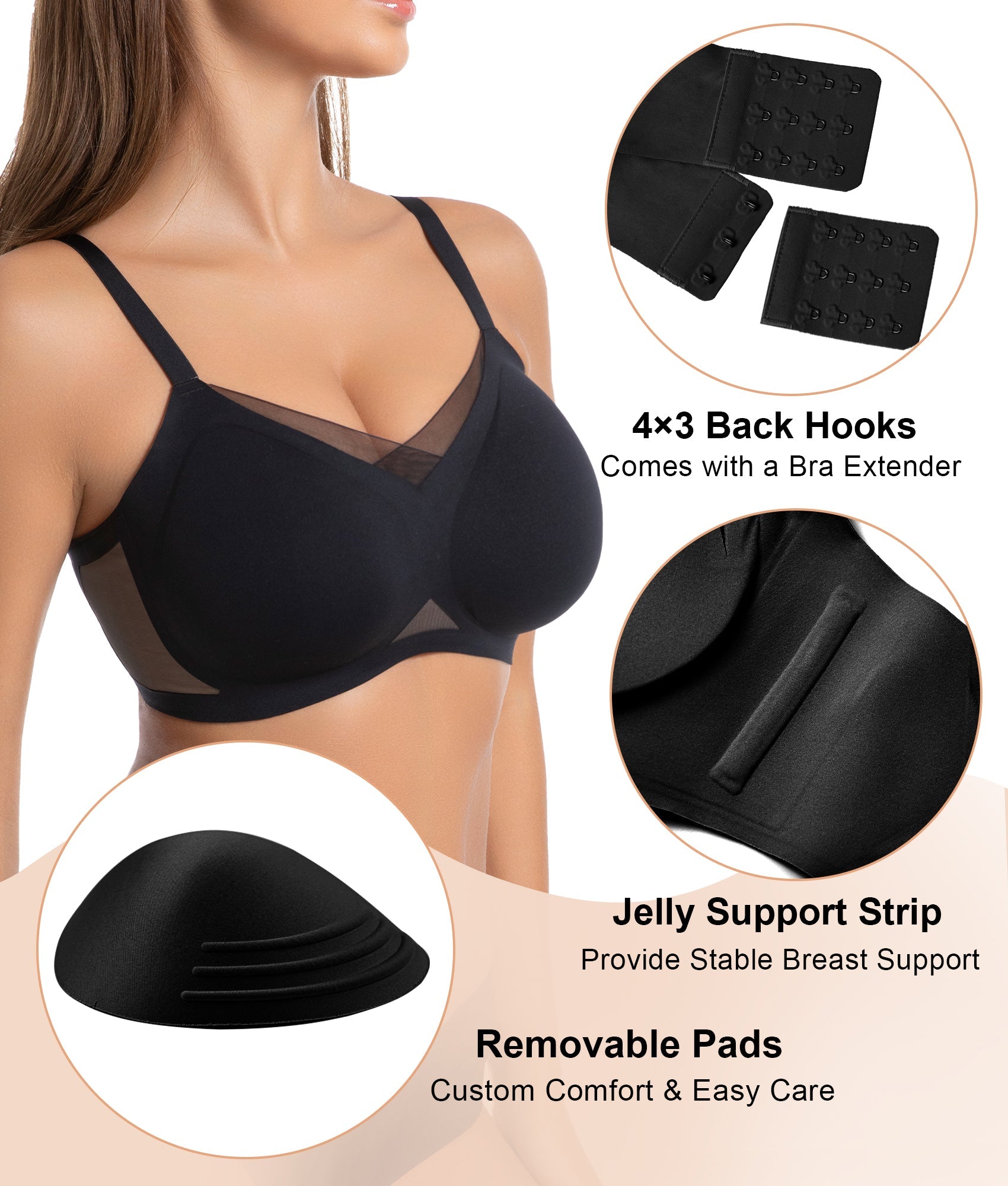 SHAPERX Wireless Bras for Women Seamless Push Up V Mesh Bralette No Underwire Full Coverage T-Shirt Bra with Removable Pads SHAPERX