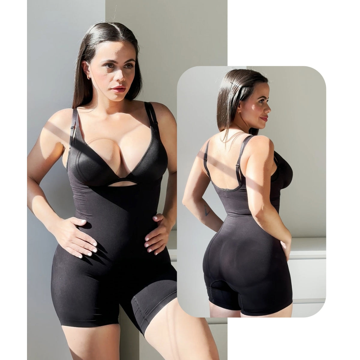 Front and back views of SHAPERX open-bust shapewear worn with a separate bra