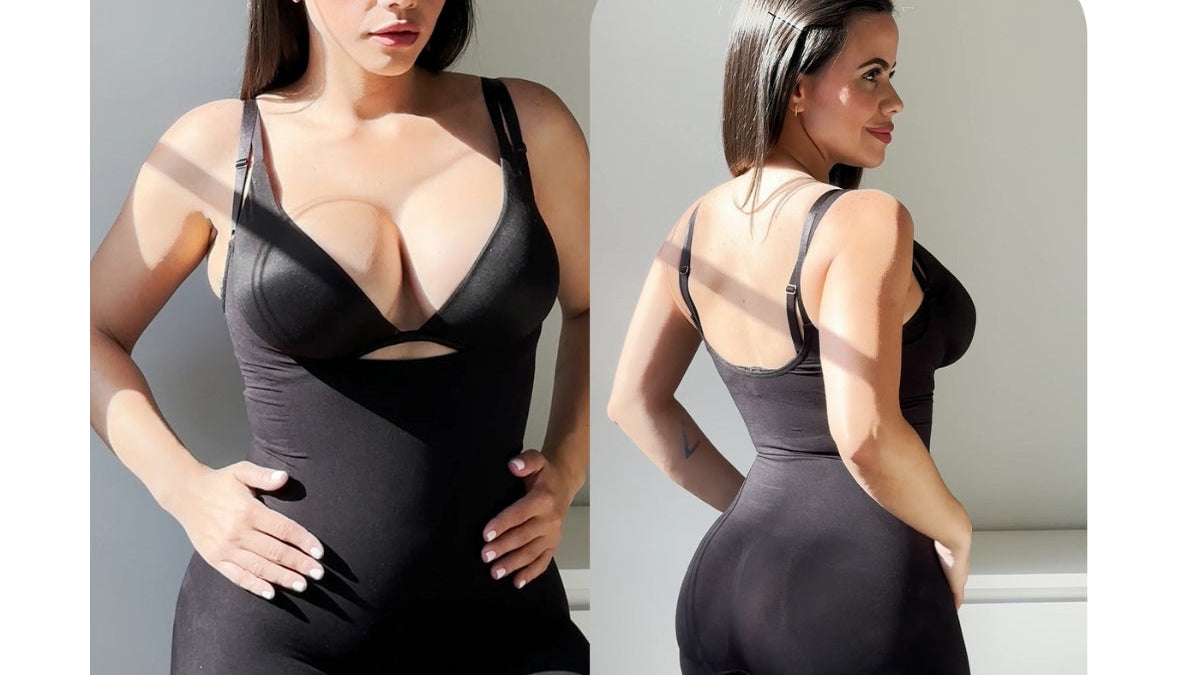 Front and back views of SHAPERX open-bust shapewear worn with a separate bra
