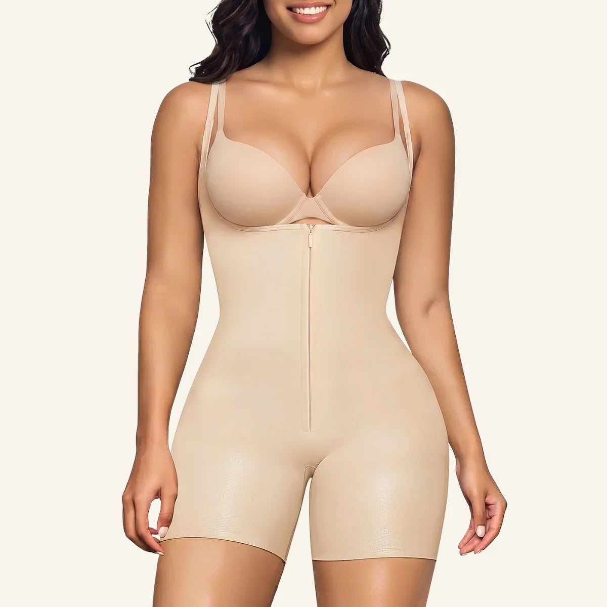 Front and back views of a black SHAPERX open-bust mid-thigh bodysuit worn with a separate bra
