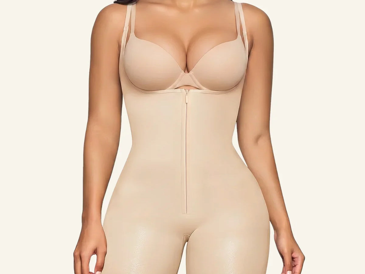 Front and back views of a black SHAPERX open-bust mid-thigh bodysuit worn with a separate bra