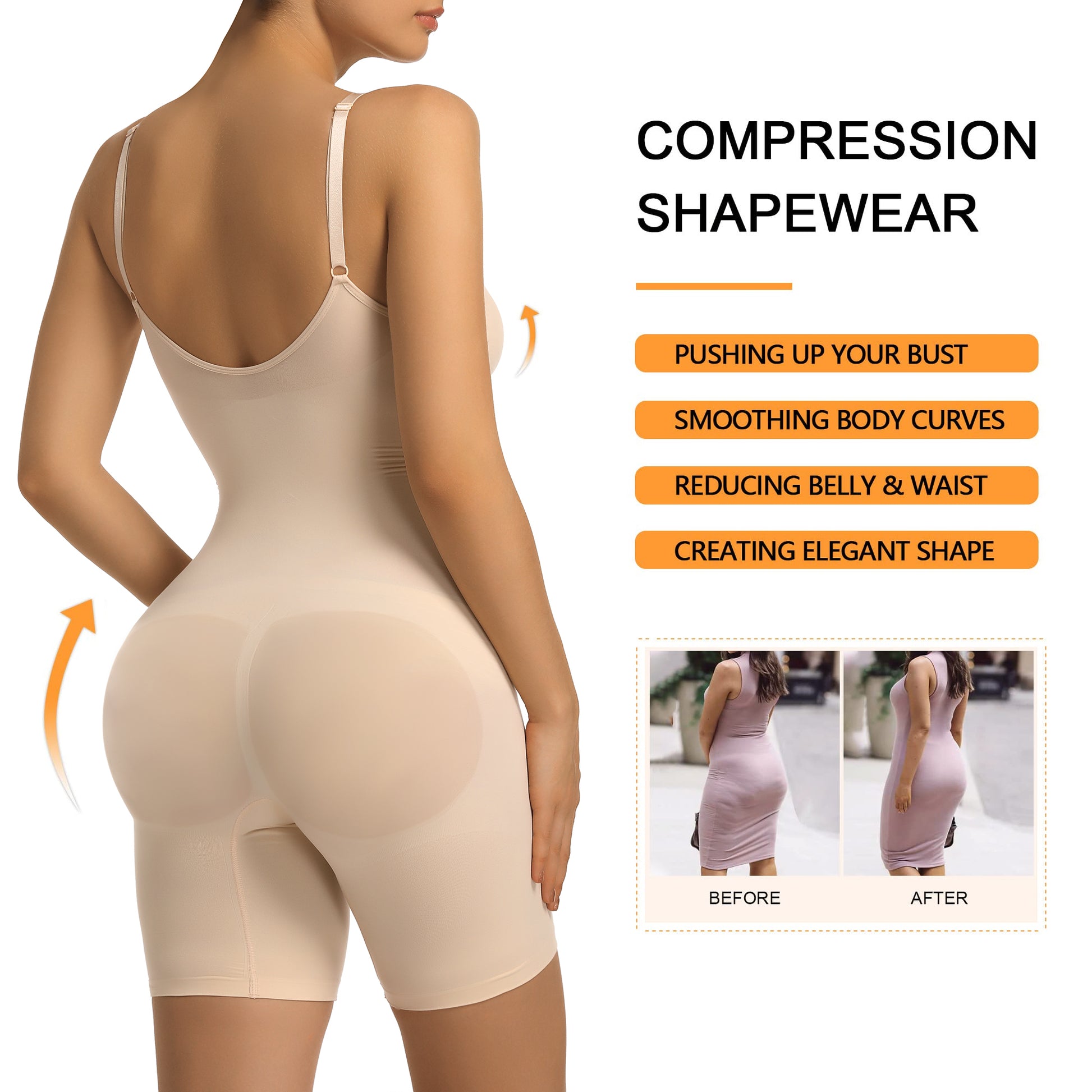 SHAPERX Mid-Thigh Tummy Control Bodysuit with Removable Pads
