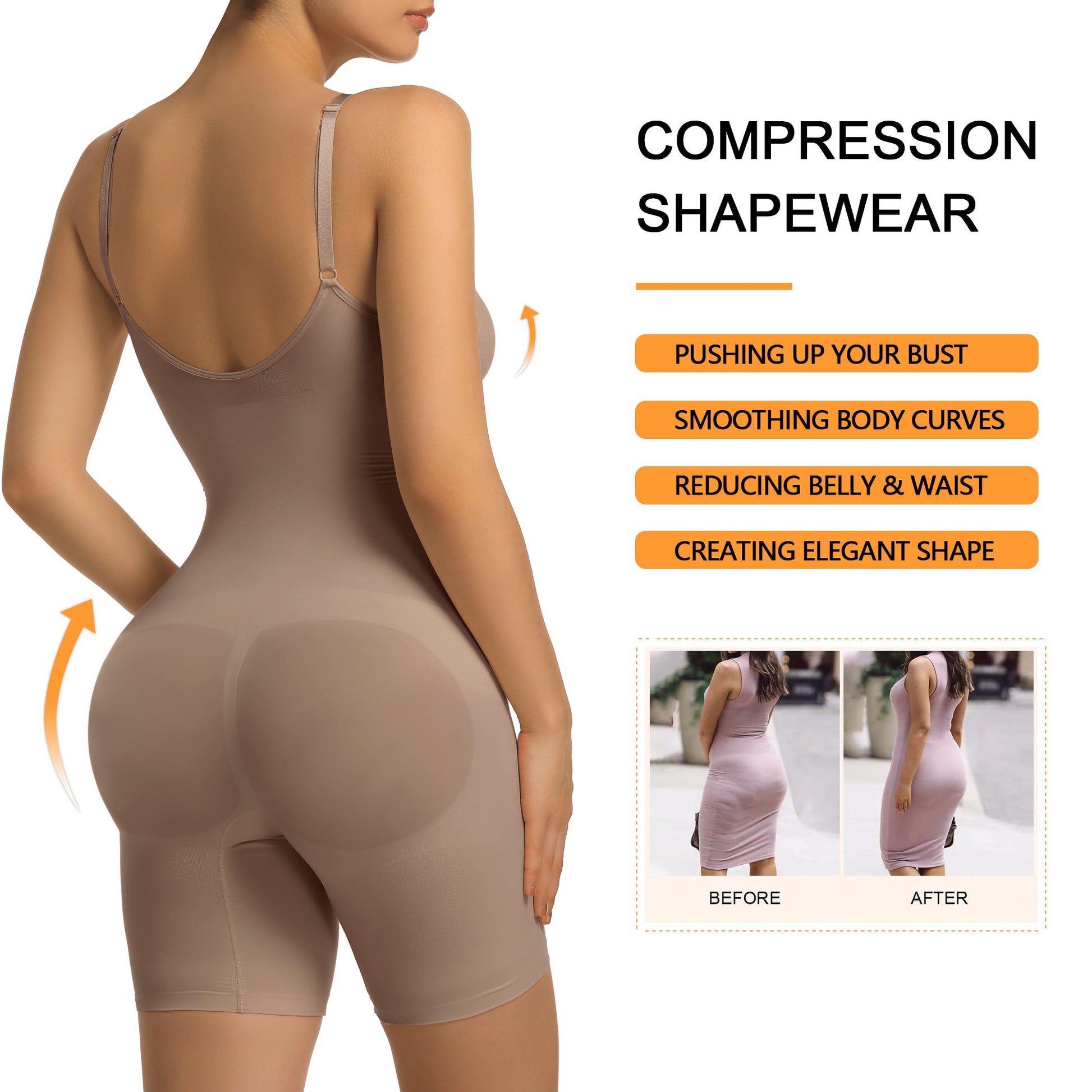 SHAPERX Mid-Thigh Tummy Control Bodysuit with Removable Pads