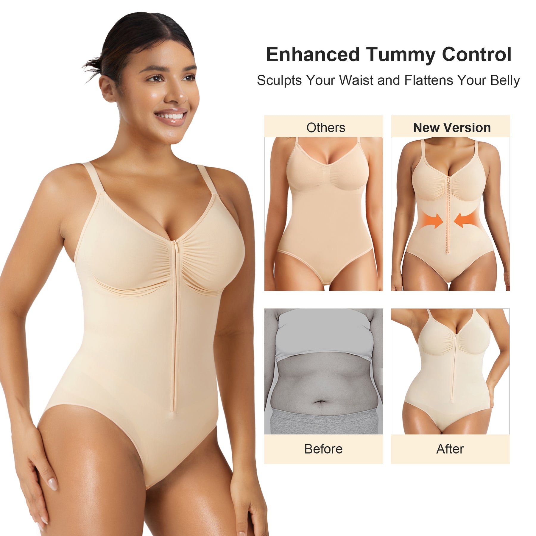 SHAPERX Women's Zip-Up Shapewear Bodysuit Tummy Control