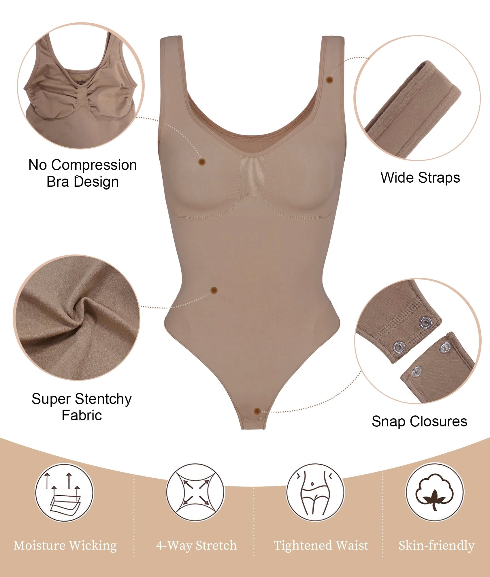 SHAPERX Wide Strap Seamless Sculpting Thong Body Shaper Tummy Control Bodysuit