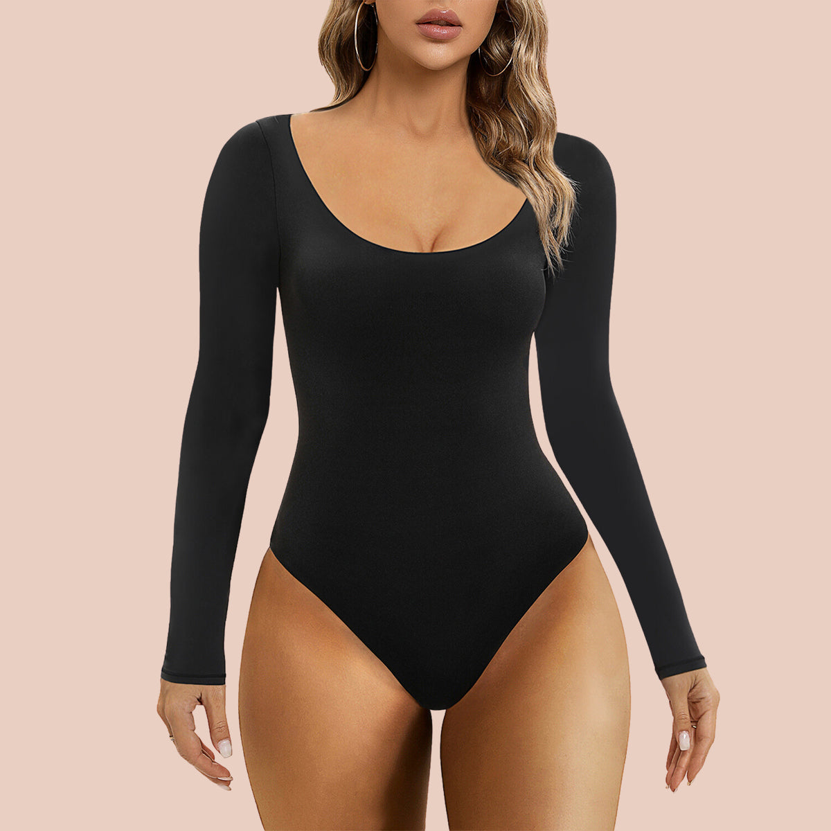 SHAPERX Women's Long Sleeve Bodysuit Fits Everybody Soft V Neck Basic Tops  with Thong