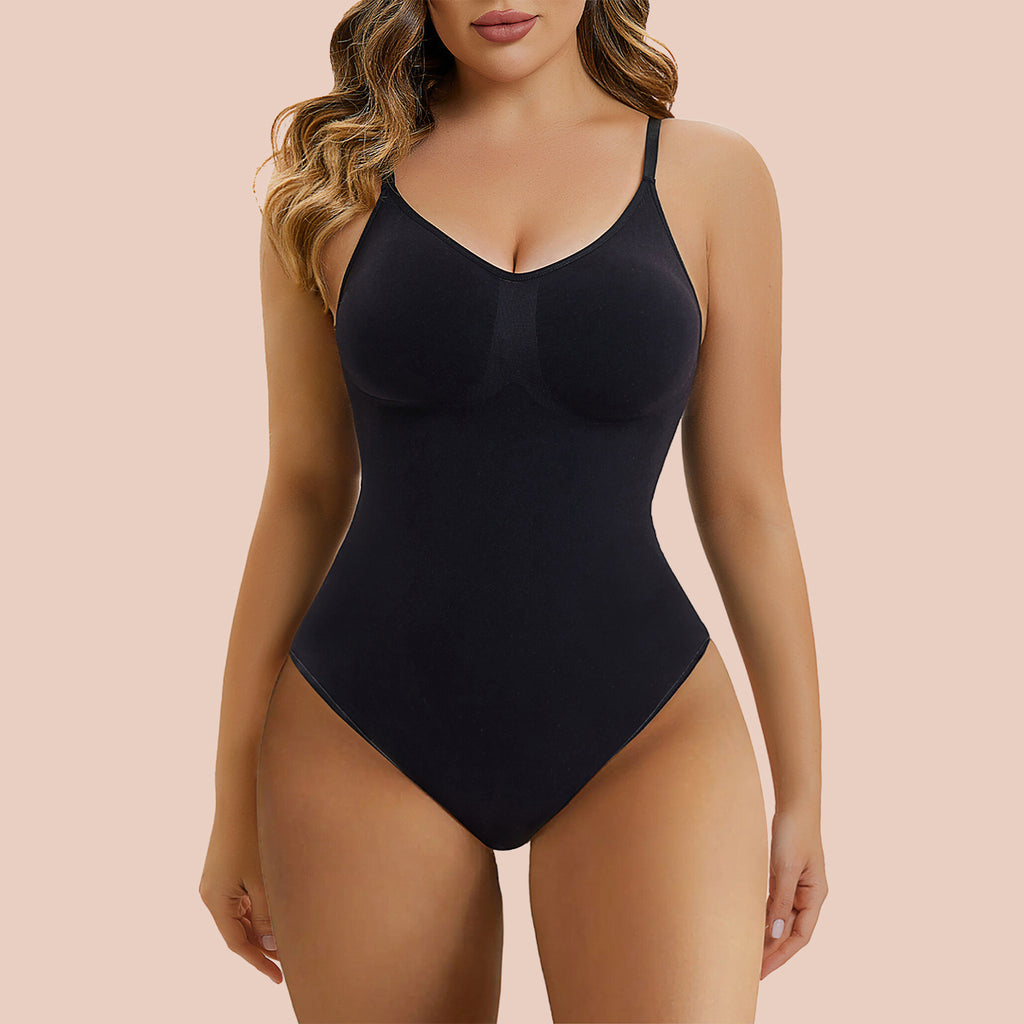 LBECLEY Low Back Compression Shapewear Bodysuit Thong for Women Thong Body  Shaper Bodysuit with Built in Bra Deep V Top Bodysuit Thong Beige S