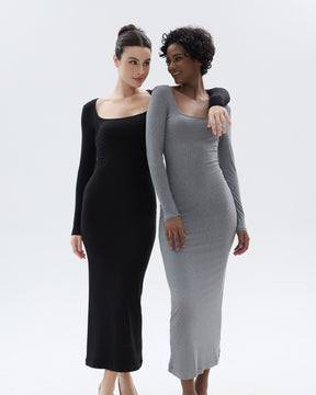 SHAPERX Women's Long Sleeve Dress Soft Lounge  Ribbed Square Neck Dresses SHAPERX