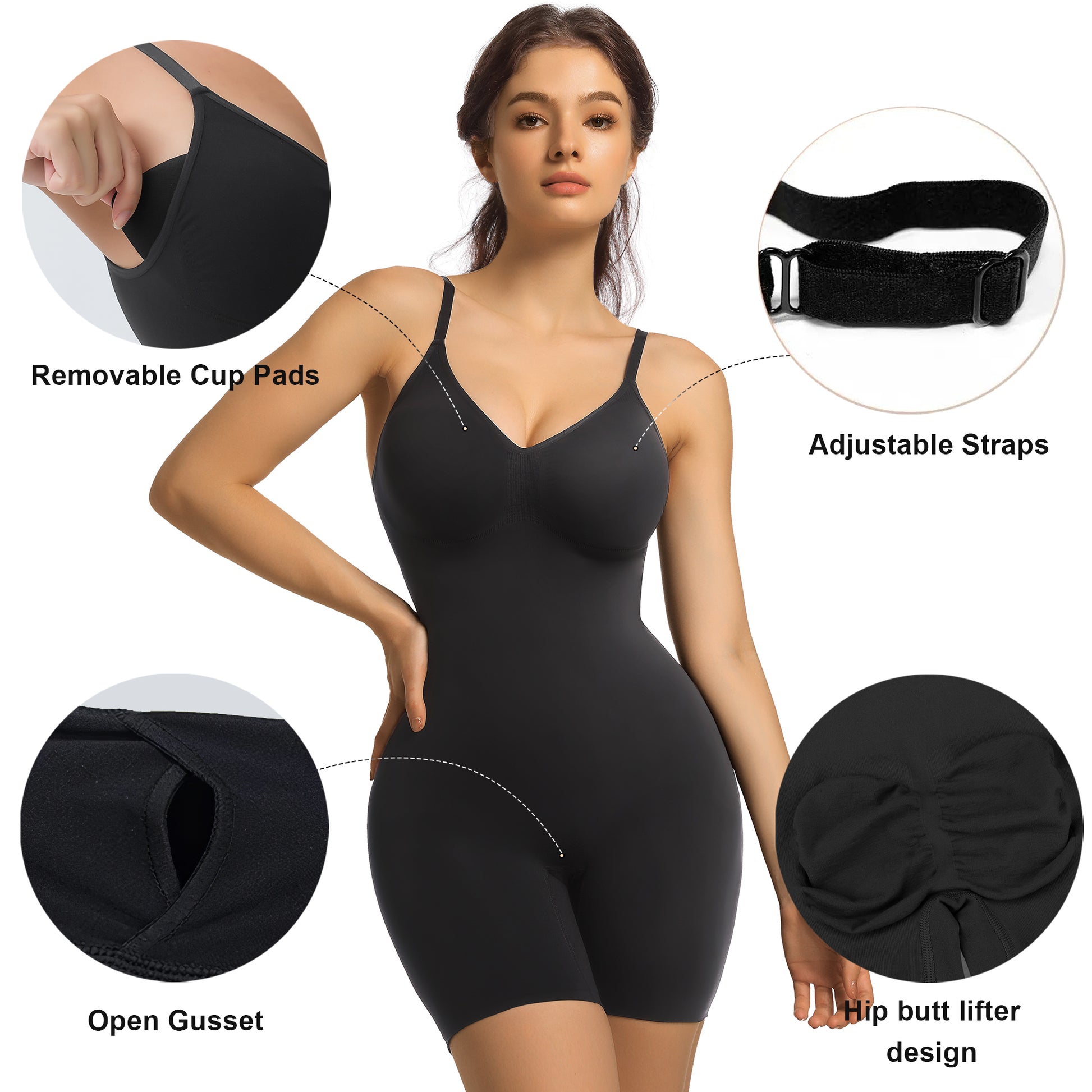 SHAPERX Mid-Thigh Tummy Control Bodysuit with Removable Pads