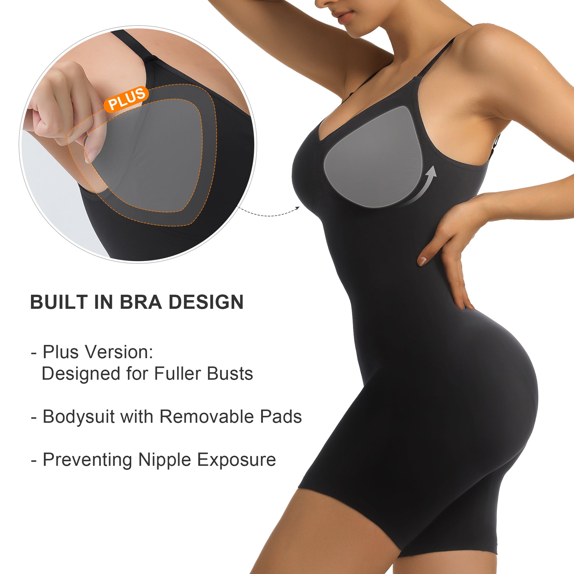 SHAPERX Mid-Thigh Tummy Control Bodysuit with Removable Pads