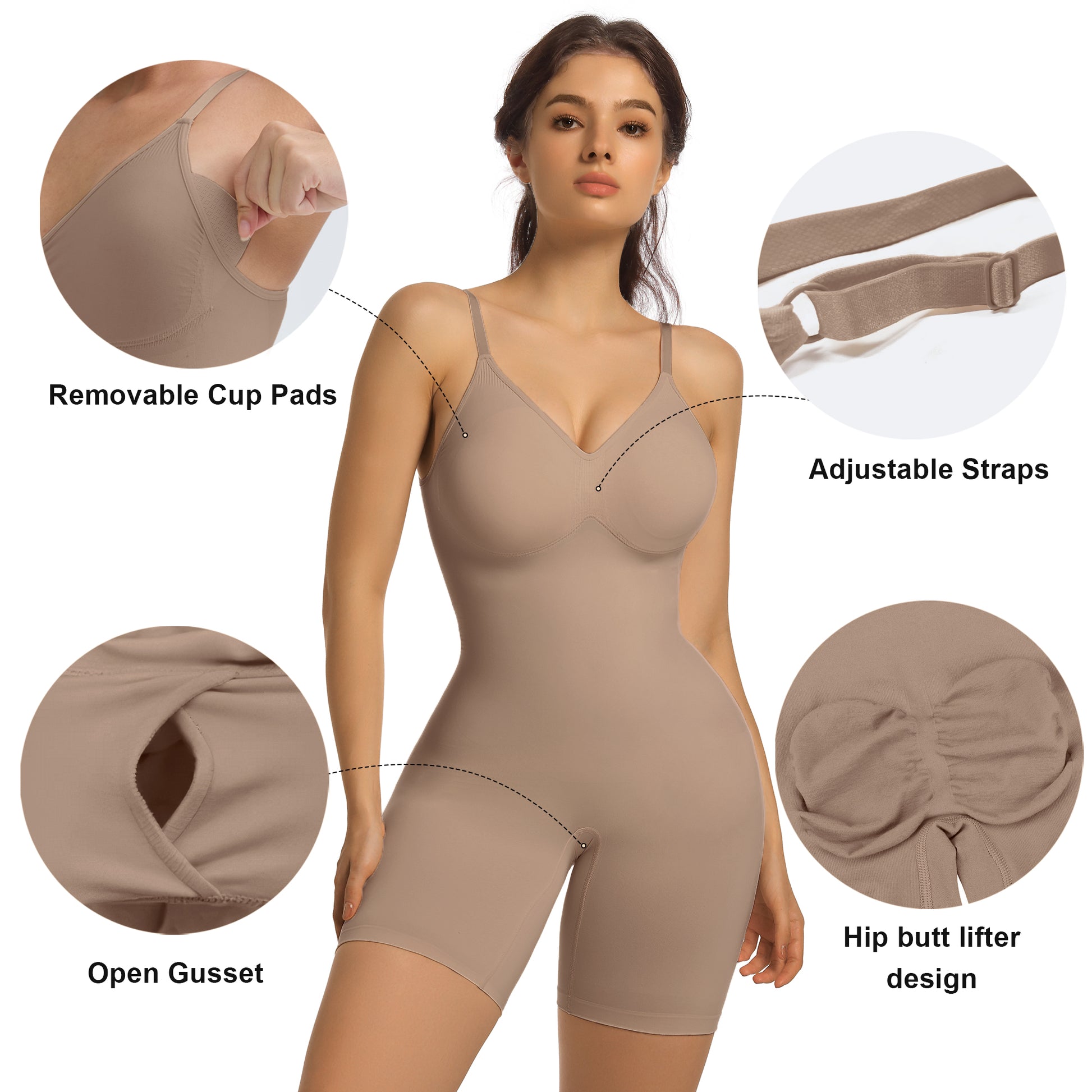 SHAPERX Mid-Thigh Tummy Control Bodysuit with Removable Pads