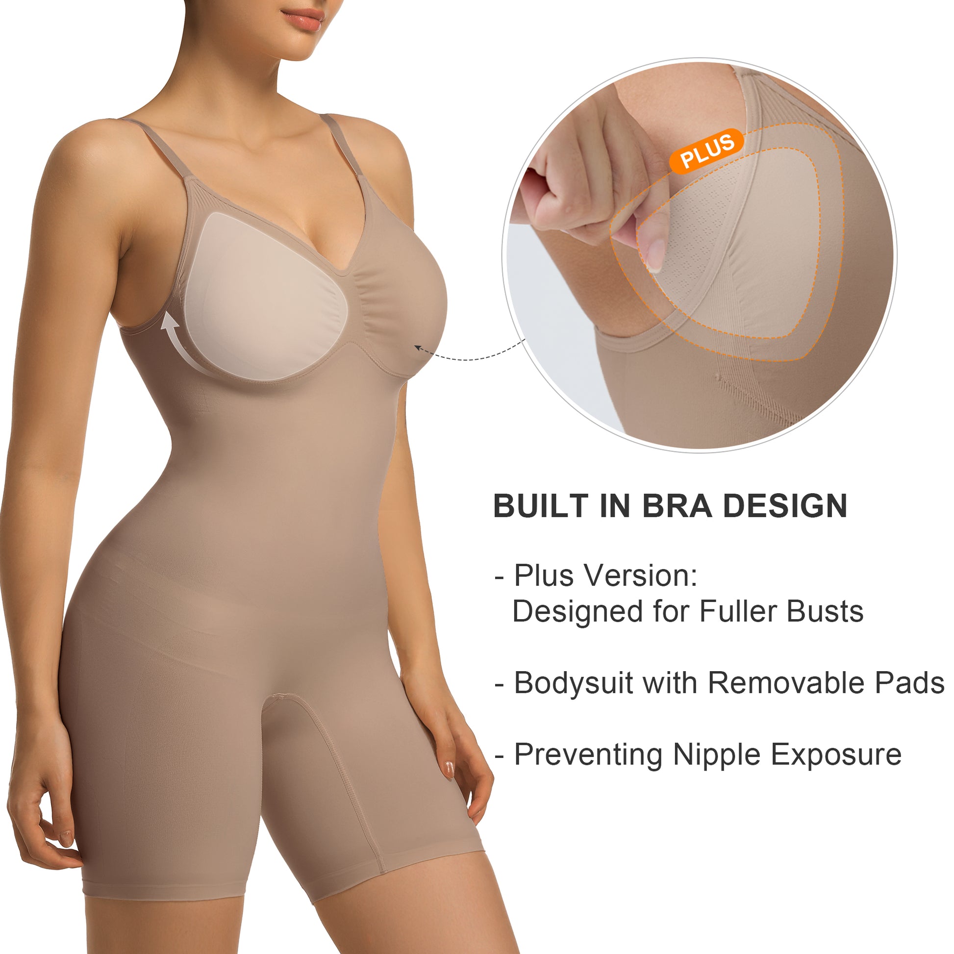 SHAPERX Mid-Thigh Tummy Control Bodysuit with Removable Pads