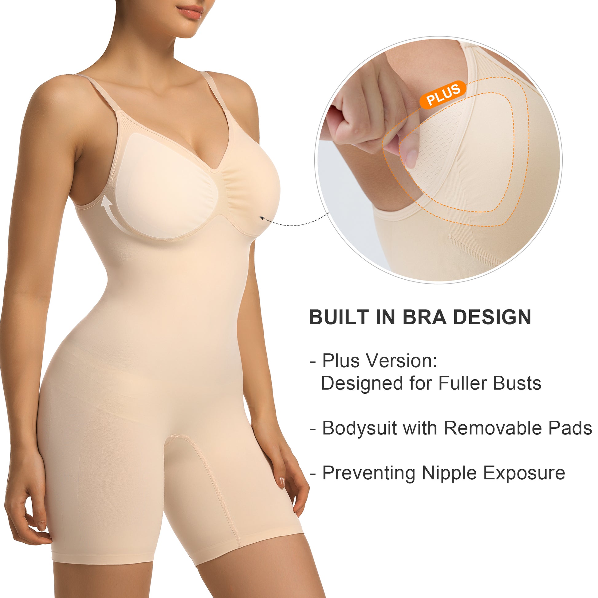 SHAPERX Mid-Thigh Tummy Control Bodysuit with Removable Pads