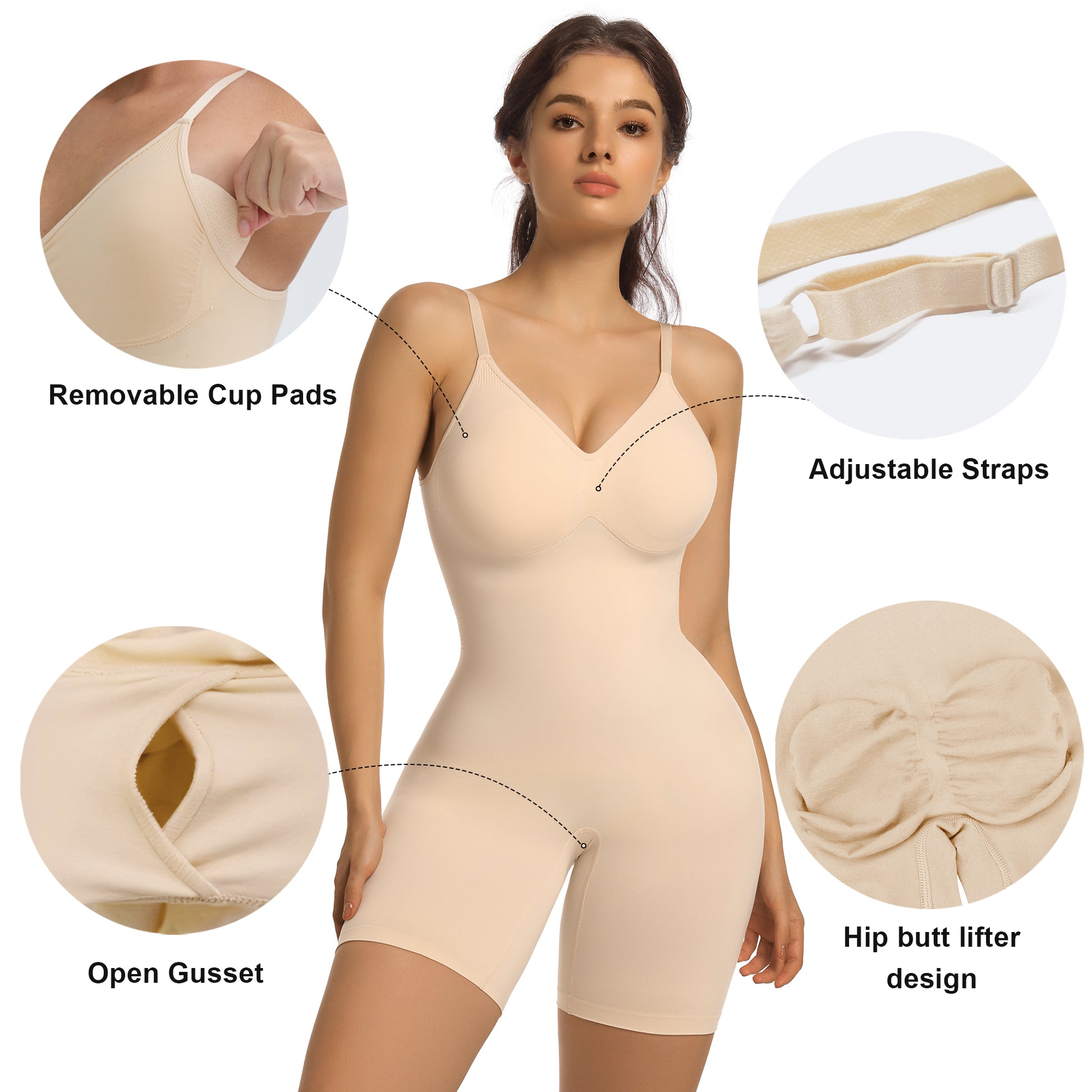 SHAPERX Mid-Thigh Tummy Control Bodysuit with Removable Pads