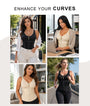 Models wearing black and beige V-shape waist trainer tops in lifestyle settings
