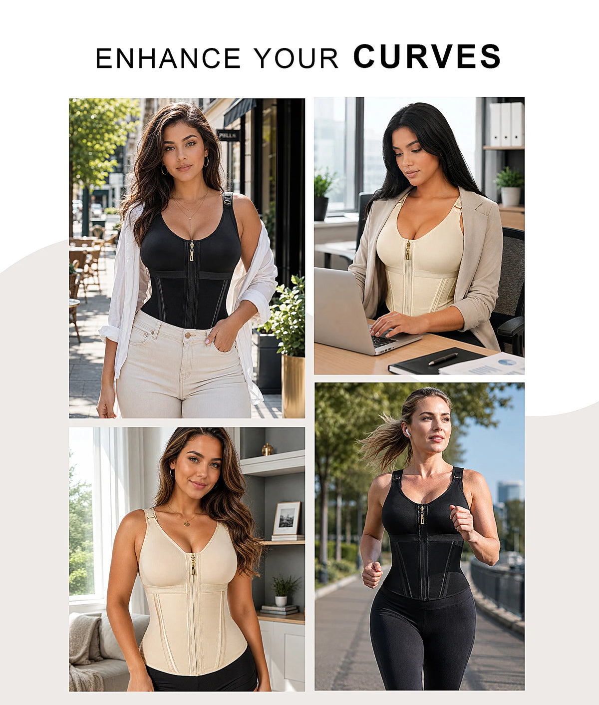 Models wearing black and beige V-shape waist trainer tops in lifestyle settings