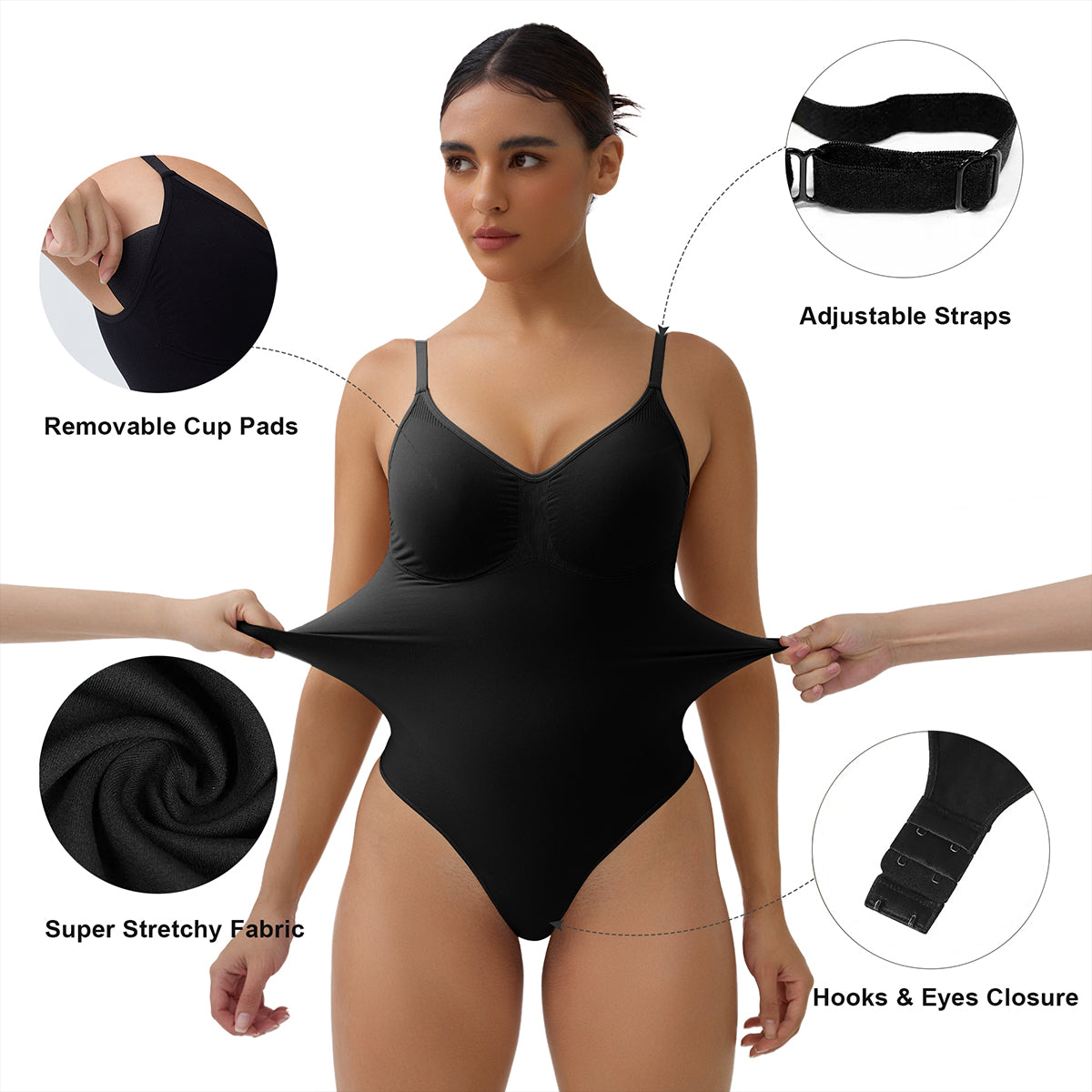 SHAPERX Seamless Tummy Control Thong Bodysuit with Removable Pads