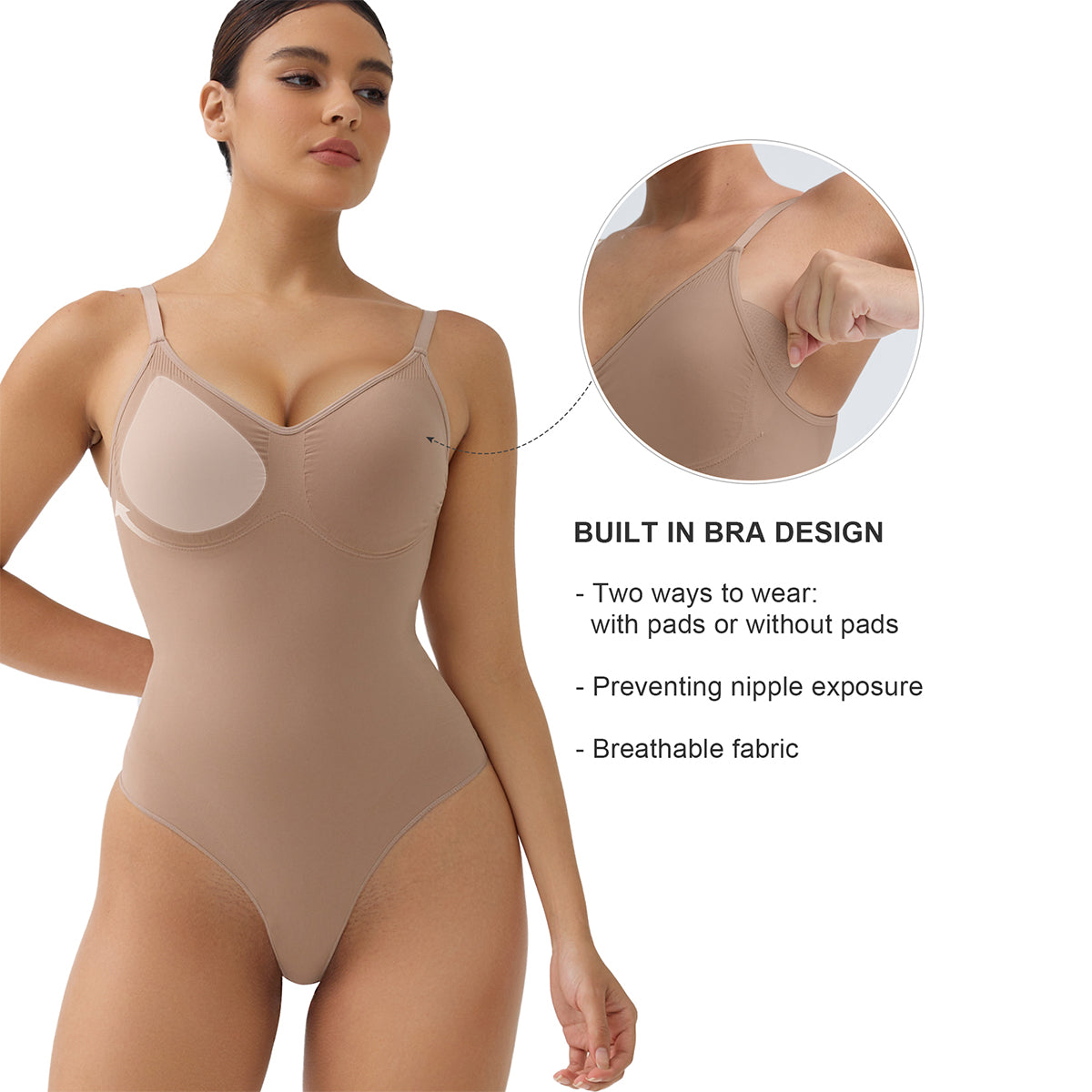 SHAPERX Seamless Tummy Control Thong Bodysuit with Removable Pads