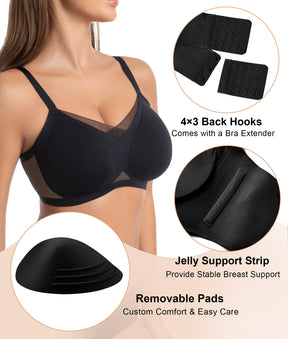 SHAPERX Wireless Bras for Women Seamless Push Up V Mesh Bralette No Underwire Full Coverage T-Shirt Bra with Removable Pads SHAPERX