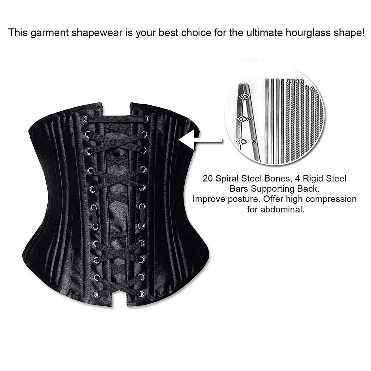 Steel boning placement infographic for black underbust waist trainer corset