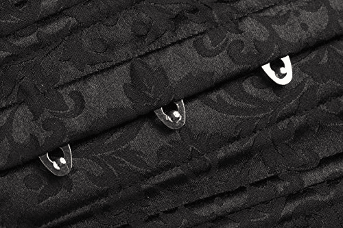 Close-up of metal busk pins on black brocade underbust corset