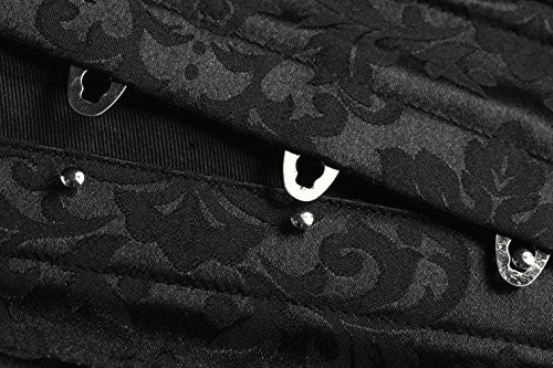 Close-up of metal busk loops on black brocade underbust corset