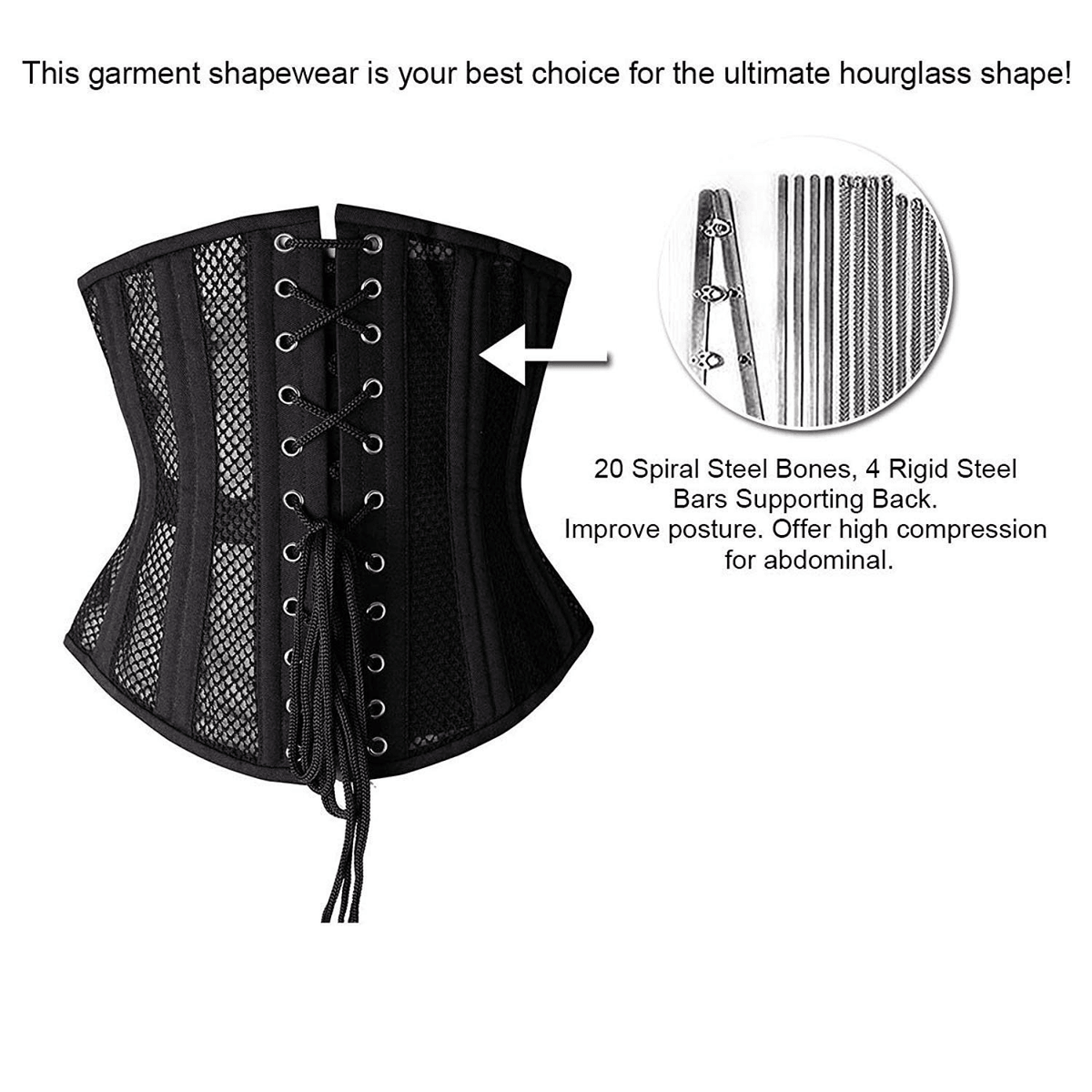 Steel bone construction infographic for black lace-up underbust corset