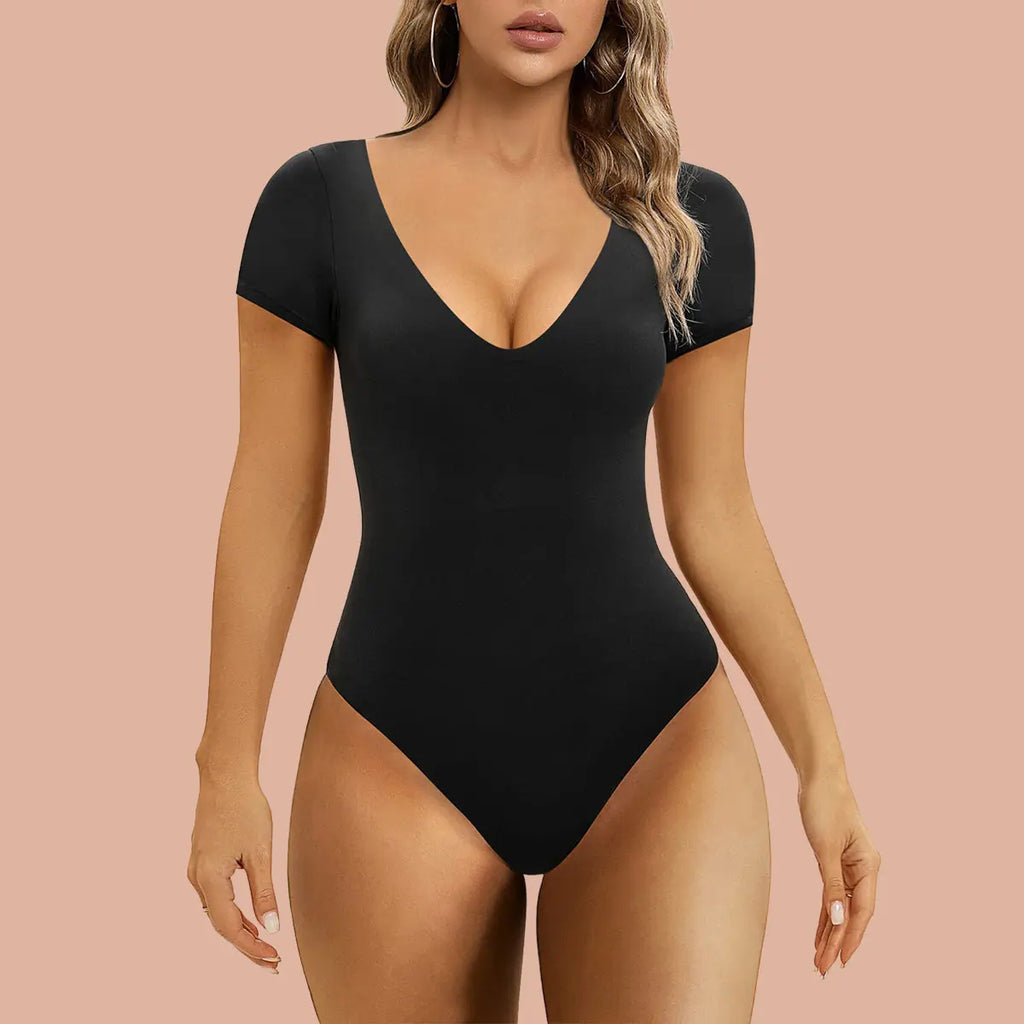 SHAPELLX Bodysuit Shapewear for Women Black Summer V Neck Polo  T Shirts Short Sleeve Seamless Casual Work Tops : Clothing, Shoes & Jewelry