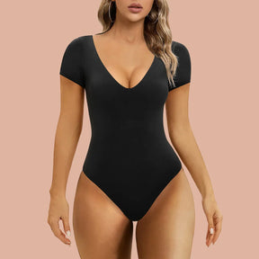 Short Sleeve Bodysuit for Women Sexy Deep V Neck Thong Bodysuit
