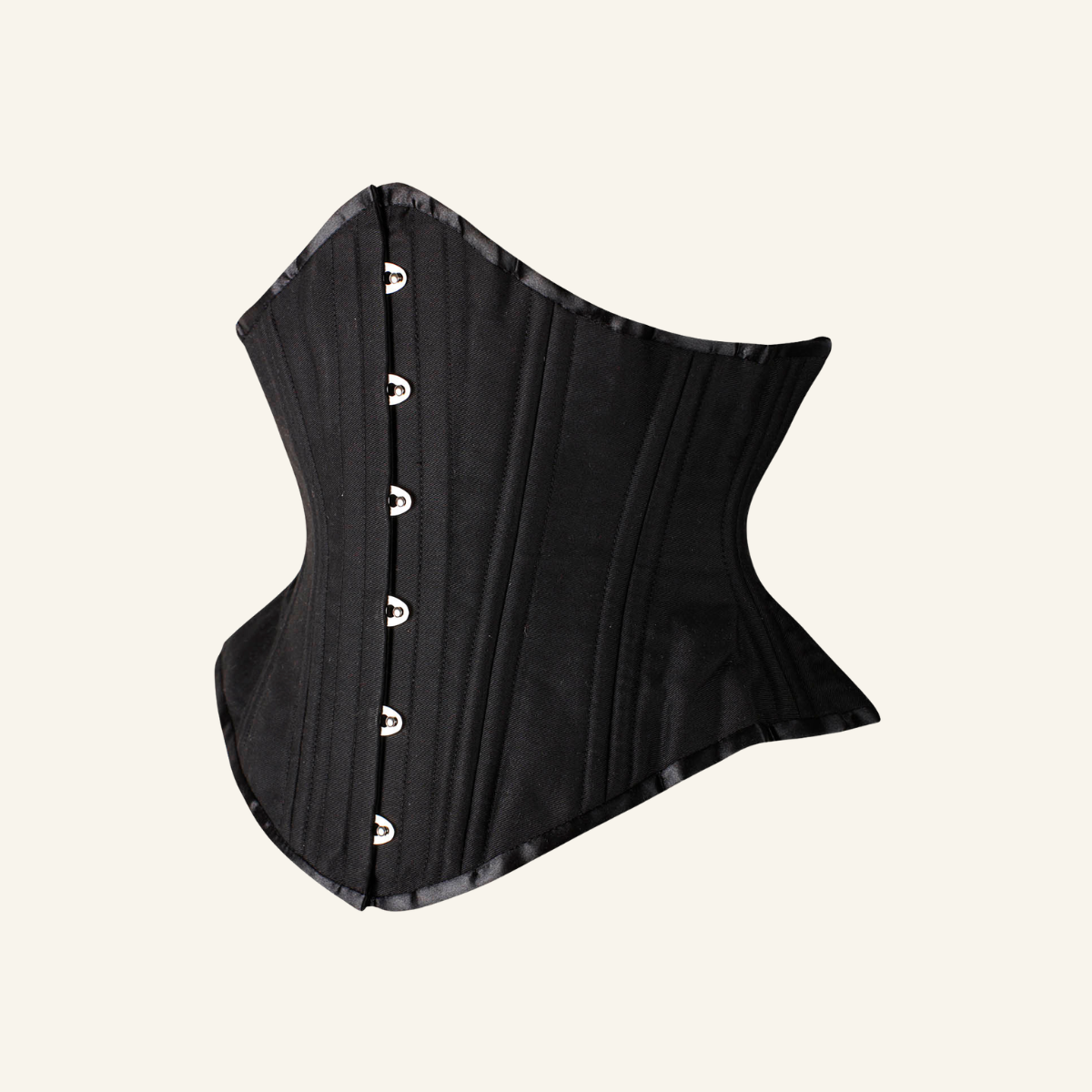 Heavy duty underbust waist trainer corset with busk closure side view in Black
