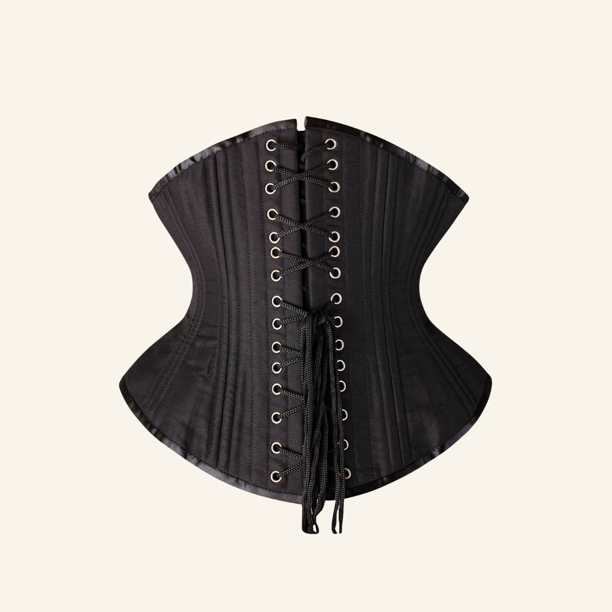 Lace-up back view of black heavy duty underbust steel boned waist trainer corset