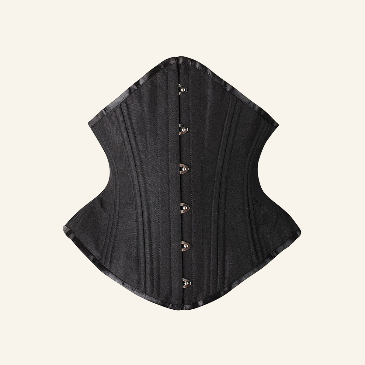 Front view of black heavy duty underbust steel boned waist trainer corset