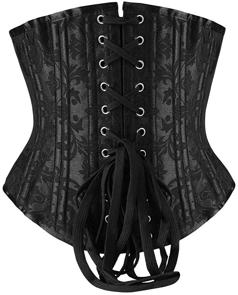Black brocade underbust waist trainer corset back view with adjustable cord lacin